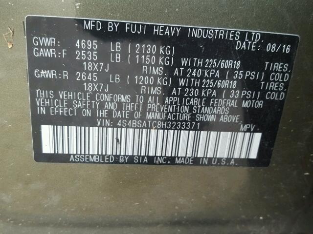 4S4BSATC8H3233371 - 2017 SUBARU OUTBACK TO GREEN photo 10