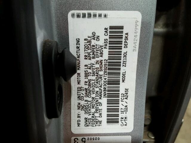 1NXBR30E47Z892912 - 2007 TOYOTA COROLLA CE SILVER photo 10