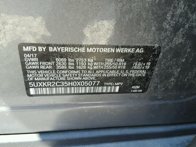 5UXKR2C35H0X05077 - 2017 BMW X5 SDRIVE3 GRAY photo 10