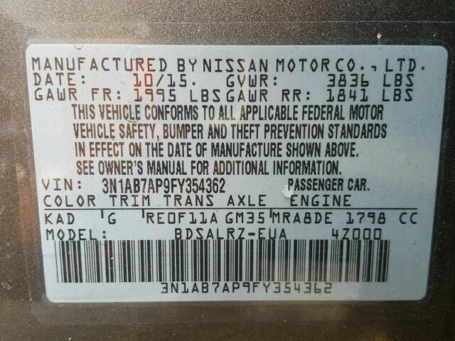 3N1AB7AP9FY354362 - 2015 NISSAN SENTRA CHARCOAL photo 10