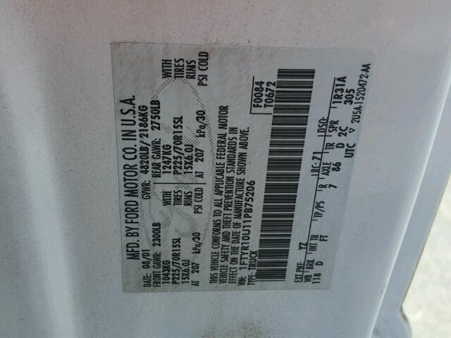 1FTYR10U11PB75206 - 2001 FORD RANGER Balta nuotrauka 10