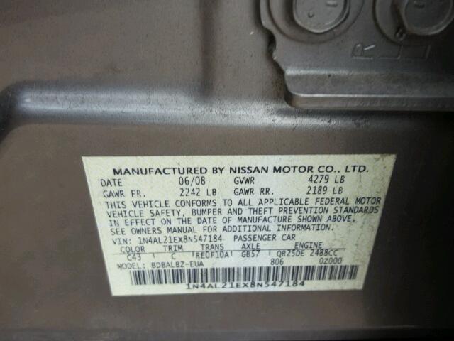 1N4AL21EX8N547184 - 2008 NISSAN ALTIMA 2.5 BEIGE photo 10