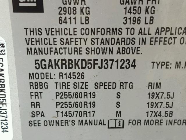 5GAKRBKD5FJ371234 - 2015 BUICK ENCLAVE SILVER photo 10