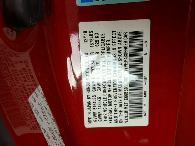 JHMZF1C66BS011182 - 2011 HONDA CR-Z EX RED photo 10