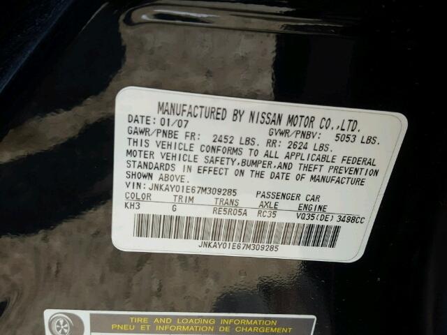 JNKAY01E67M309285 - 2007 INFINITI M35 BASE BLACK photo 10