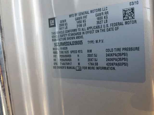 5GZLRWED2AJ208005 - 2010 SATURN OUTLOOK XR კრემისფერი ფოტო 10