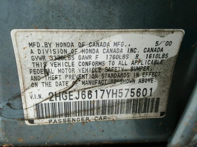2HGEJ6617YH575601 - 2000 HONDA CIVIC BASE BLUE photo 10