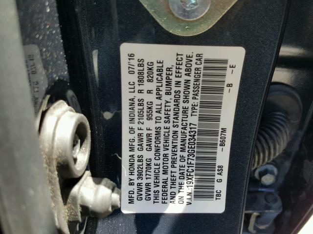 19XFC1F73GE034317 - 2016 HONDA CIVIC EXL ლურჯი ფოტო 10