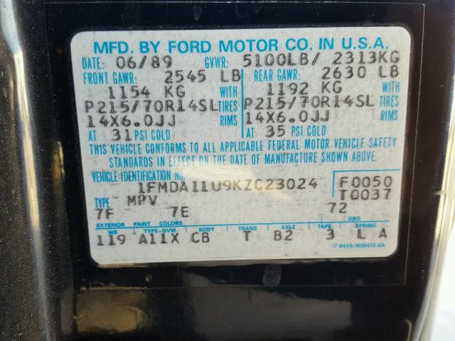1FMDA11U9KZC23024 - 1989 FORD AEROSTAR BLUE photo 10