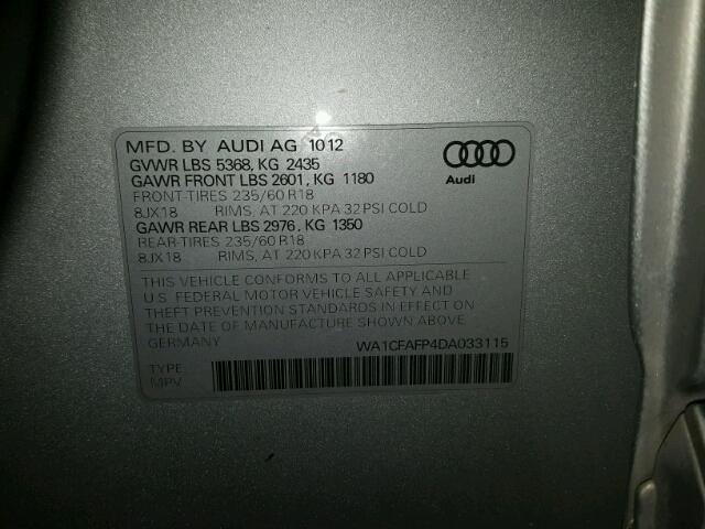 WA1CFAFP4DA033115 - 2013 AUDI Q5 SILVER photo 10