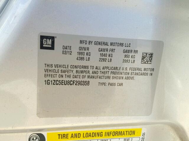 1G1ZC5EU8CF290358 - 2012 CHEVROLET MALIBU 银色 照片 10