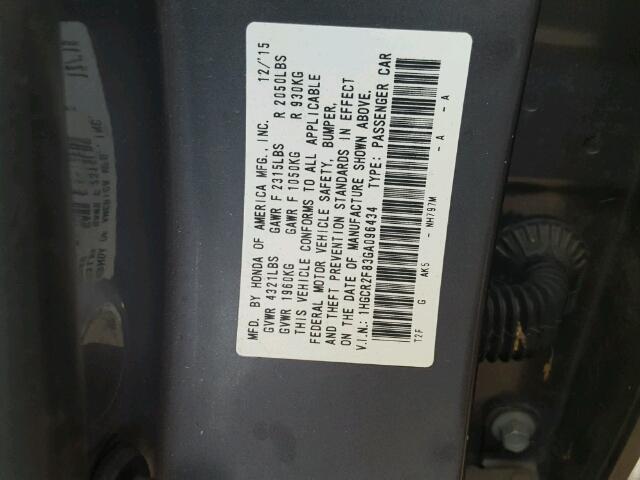 1HGCR2F83GA096434 - 2016 HONDA ACCORD GRAY photo 10