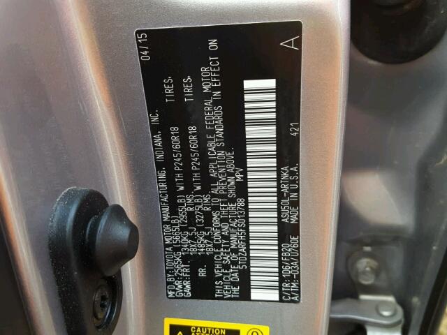 5TDZARFH5FS013788 - 2015 TOYOTA HIGHLANDER SILVER photo 10