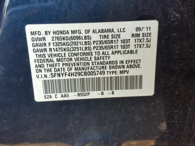 5FNYF4H29CB005749 - 2012 HONDA PILOT LX BLUE photo 10