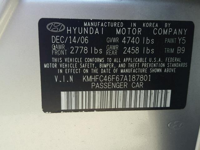 KMHFC46F67A187801 - 2007 HYUNDAI AZERA SE GRAY photo 10