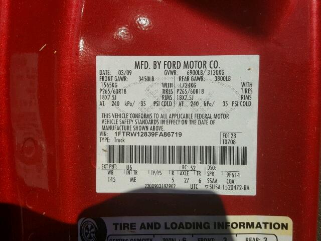 1FTRW12839FA86719 - 2009 FORD F150 SUPER RED photo 10