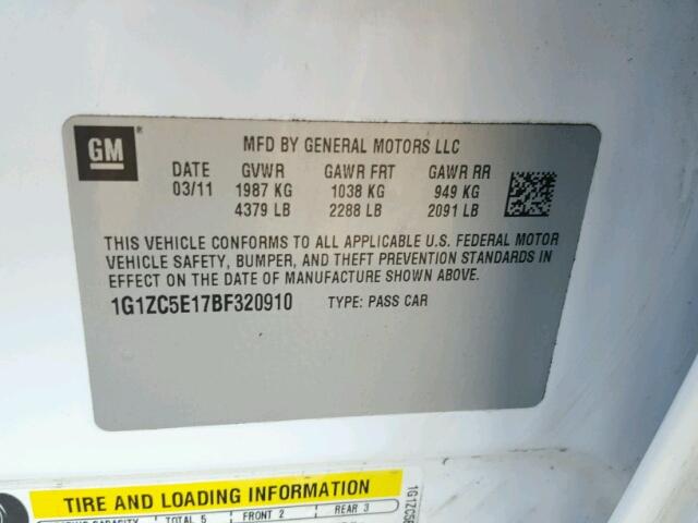 1G1ZC5E17BF320910 - 2011 CHEVROLET MALIBU თეთრი ფოტო 10