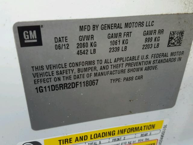 1G11D5RR2DF118067 - 2013 CHEVROLET MALIBU 1LT 白色 照片 10