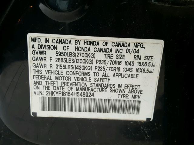 2HKYF18184H548924 - 2004 HONDA PILOT LX BLACK photo 10