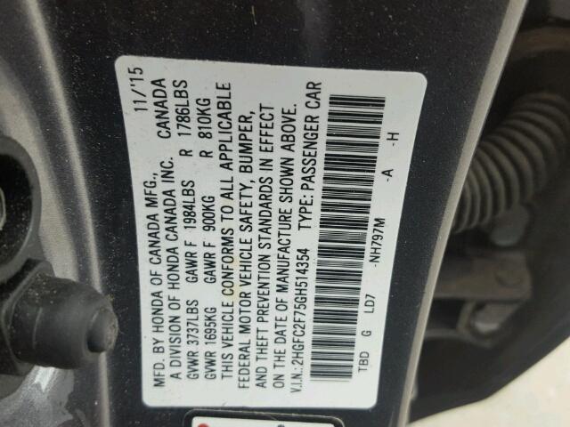 2HGFC2F75GH514354 - 2016 HONDA CIVIC EX GRAY photo 10