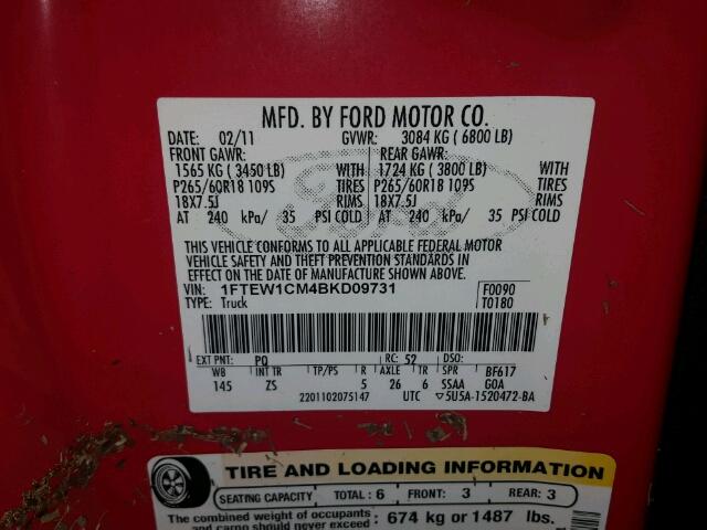 1FTEW1CM4BKD09731 - 2011 FORD F150 SUPER RED photo 10