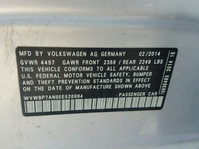 WVWBP7AN0EE528994 - 2014 VOLKSWAGEN CC SILVER photo 10
