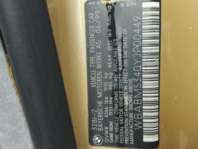 WBABM5340YJP00449 - 2000 BMW 328 CI GOLD photo 10