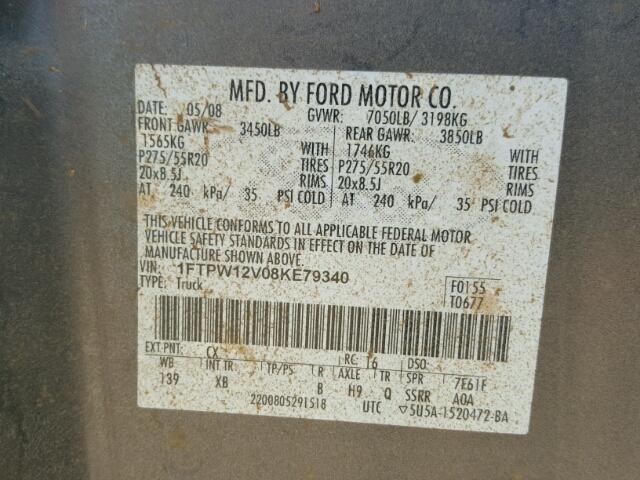 1FTPW12V08KE79340 - 2008 FORD F150 GRAY photo 10