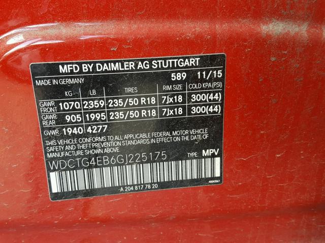 WDCTG4EB6GJ225175 - 2016 MERCEDES-BENZ GLA 250 RED photo 10