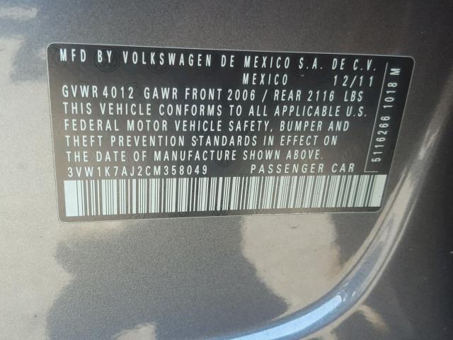 3VW1K7AJ2CM358049 - 2012 VOLKSWAGEN JETTA BASE Սև լուսանկար 10
