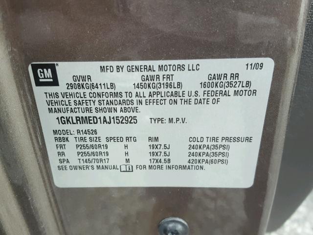 1GKLRMED1AJ152925 - 2010 GMC ACADIA SLT 金色 照片 10