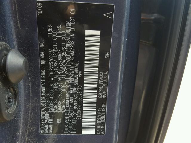 5TDBK22C59S025170 - 2009 TOYOTA SIENNA XLE ლურჯი ფოტო 10