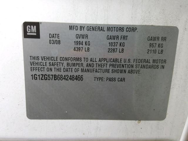 1G1ZG57B684248466 - 2008 CHEVROLET MALIBU LS WHITE photo 10