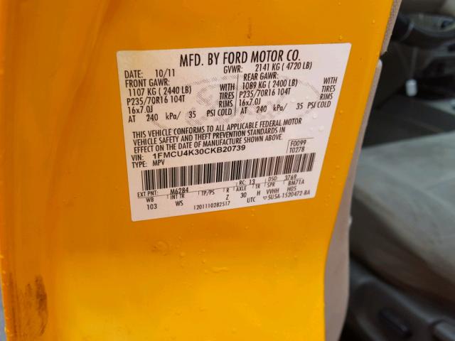 1FMCU4K30CKB20739 - 2012 FORD ESCAPE HYB YELLOW photo 10