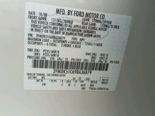 2FMDK51C69BA36879 - 2009 FORD FLEX SE WHITE photo 10