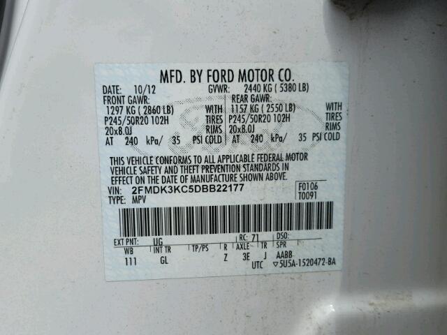 2FMDK3KC5DBB22177 - 2013 FORD EDGE LIMIT WHITE photo 10