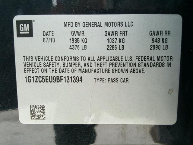 1G1ZC5EU9BF131394 - 2011 CHEVROLET MALIBU 1LT 黑色 照片 10