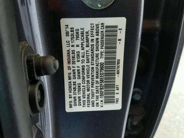 19XFB2F58EE079600 - 2014 HONDA CIVIC LX GRAY photo 10