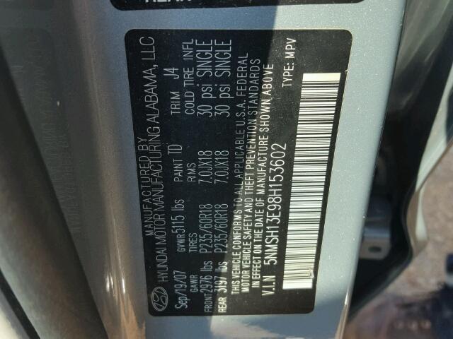 5NMSH13E98H153602 - 2008 HYUNDAI SANTA FE SILVER photo 10