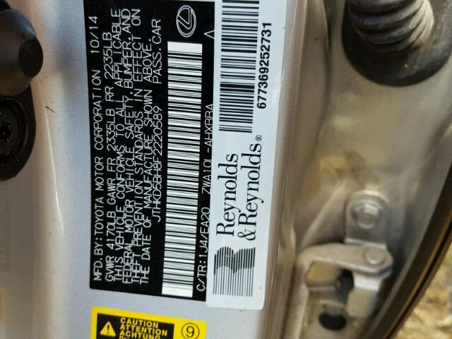 JTHKD5BH8F2220589 - 2015 LEXUS CT 200 SILVER photo 10