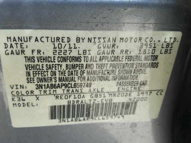 3N1AB6AP9CL659749 - 2012 NISSAN SENTRA 2.0 CHARCOAL photo 10