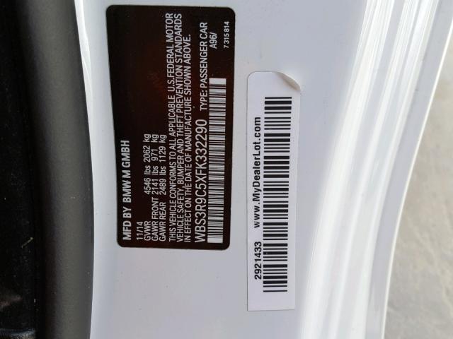 WBS3R9C5XFK332290 - 2015 BMW M4 WHITE photo 10