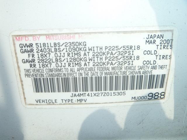 JA4MT41X27Z015305 - 2007 MITSUBISHI OUTLANDER WHITE photo 10