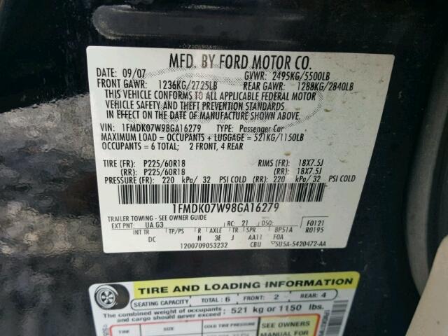 1FMDK07W98GA16279 - 2008 FORD TAURUS X BLACK photo 10