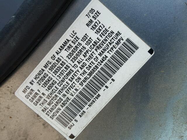 5FNRL38685B124454 - 2005 HONDA ODYSSEY SILVER photo 10