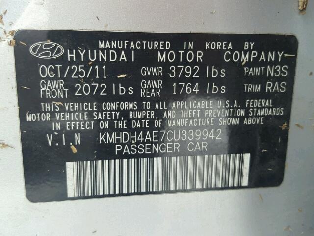 KMHDH4AE7CU339942 - 2012 HYUNDAI ELANTRA GL SILVER photo 10