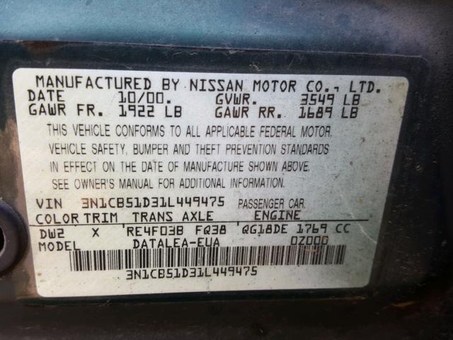 3N1CB51D31L449475 - 2001 NISSAN SENTRA XE GREEN photo 10