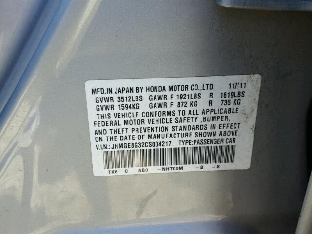 JHMGE8G32CS004217 - 2012 HONDA FIT SILVER photo 10