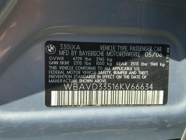 WBAVD33516KV66634 - 2006 BMW 330 XI GREEN photo 10