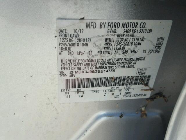 2FMDK3J96DBB14756 - 2013 FORD EDGE SILVER photo 10